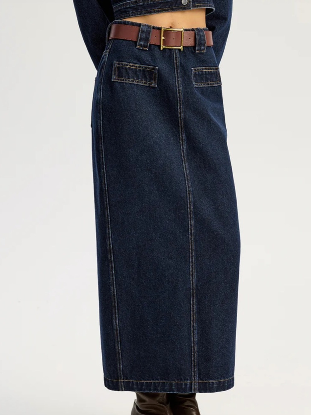 Belted Denim Maxi Skirt